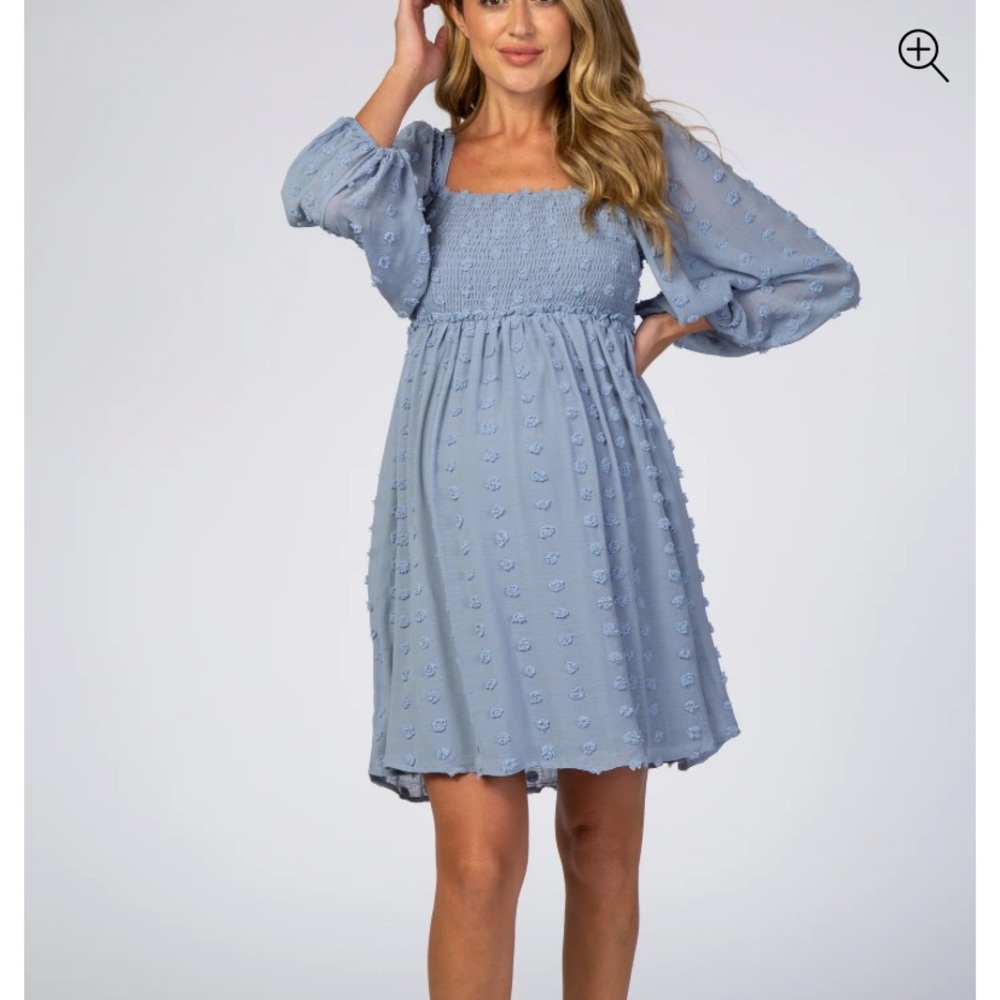 Pinkblush Light Blue Textured Dot Smocked Square Neck Chiffon Maternity Dress